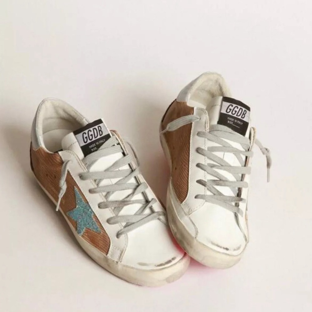 Golden Goose Sneaker Superstar in Brown and Light Blue Glitter, size 39 - Picture 5 of 9